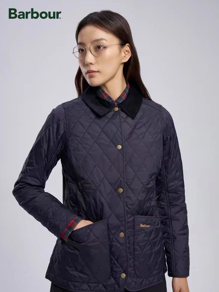 Barbour mid-length cotton jacket for women 2024 autumn and winter new corduroy collar diamond plaid jacket