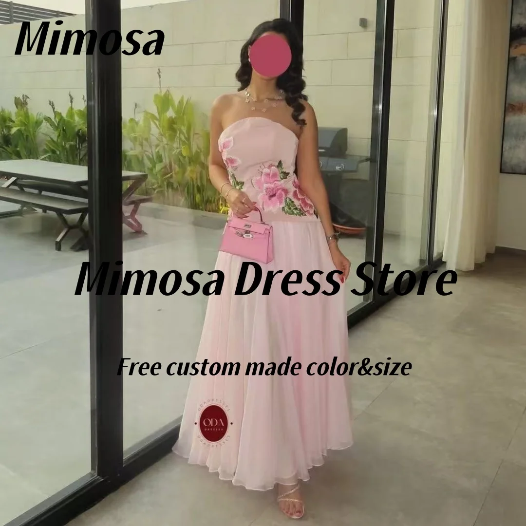 Mimosa 2025 vestidos de fiesta sin tirantes con bordado de flores, vestido de noche a medida, vestido de fiesta de gasa fruncido personalizado