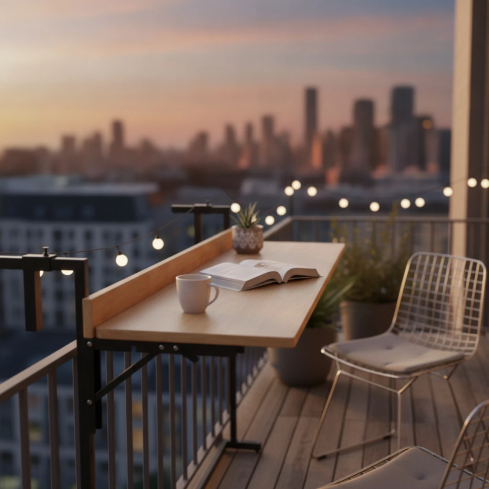 Foldable Balcony Bar Table Space-Saving Railing-Mounted Table with Wood Tabletop Furniture Stable Compact for Apartment Dwellers