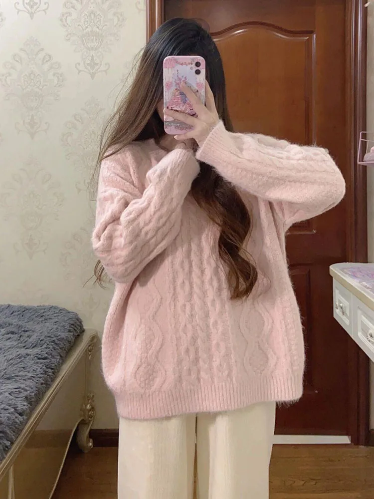 Zoki Women Pink Sweaters Japan Sweet Loose Vintage Knitted Pullovers Tops O Neck Long Sleeve Casual Female Autumn Retro Jumpers