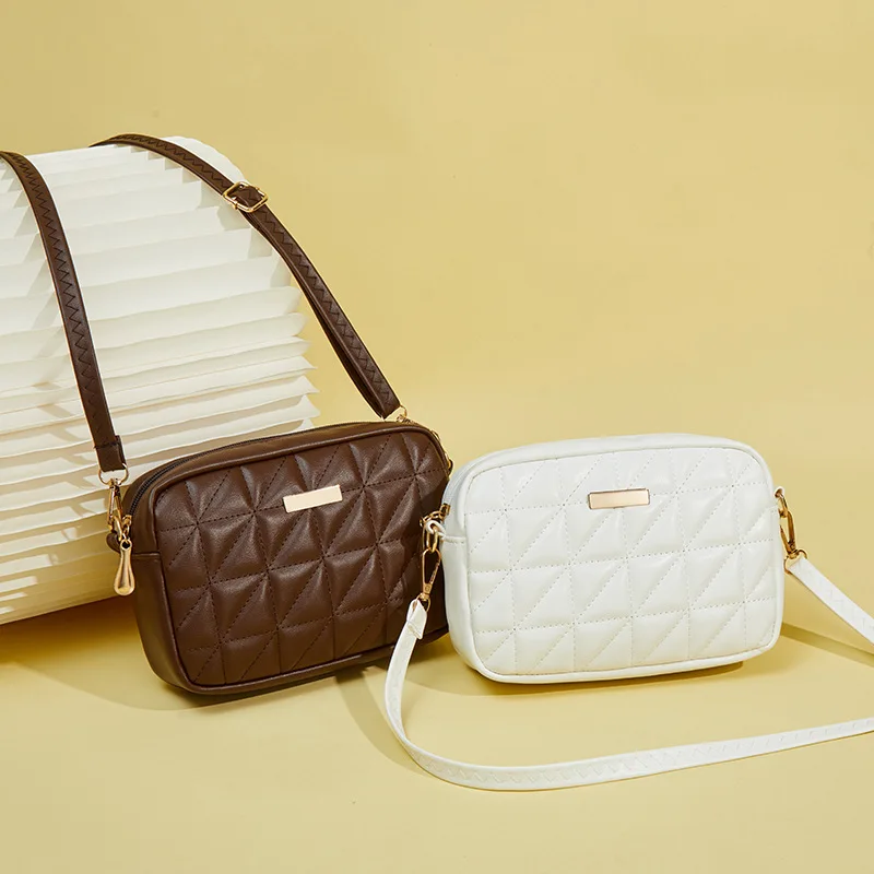 PU Embroidered Plaid Crossbody Bag Fashion Small Square Phone Camera Storage Bag Casual Shoulder Purse for Women