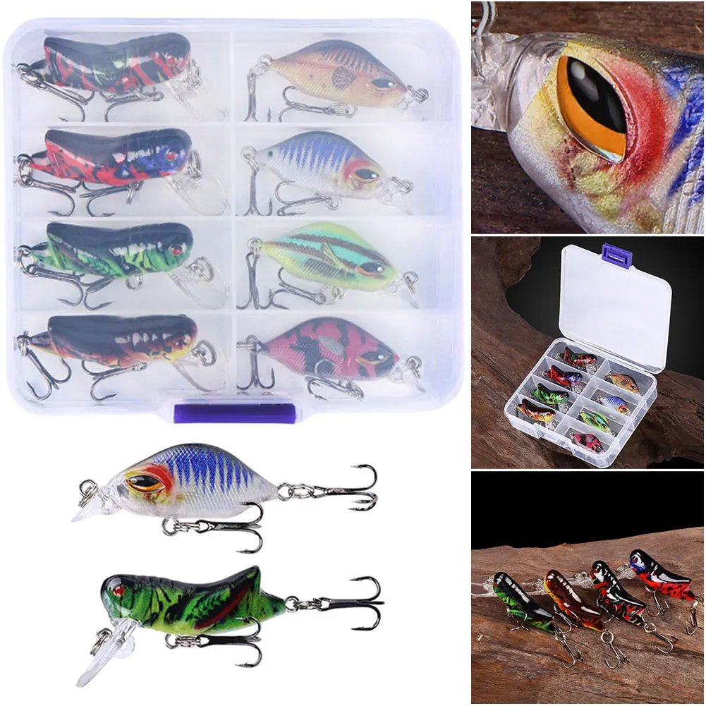 

Набор из 8 мини-воблеров с тройными крючками, искусственные жесткие приманки для ловли баса, форели, судака, щуки, сома