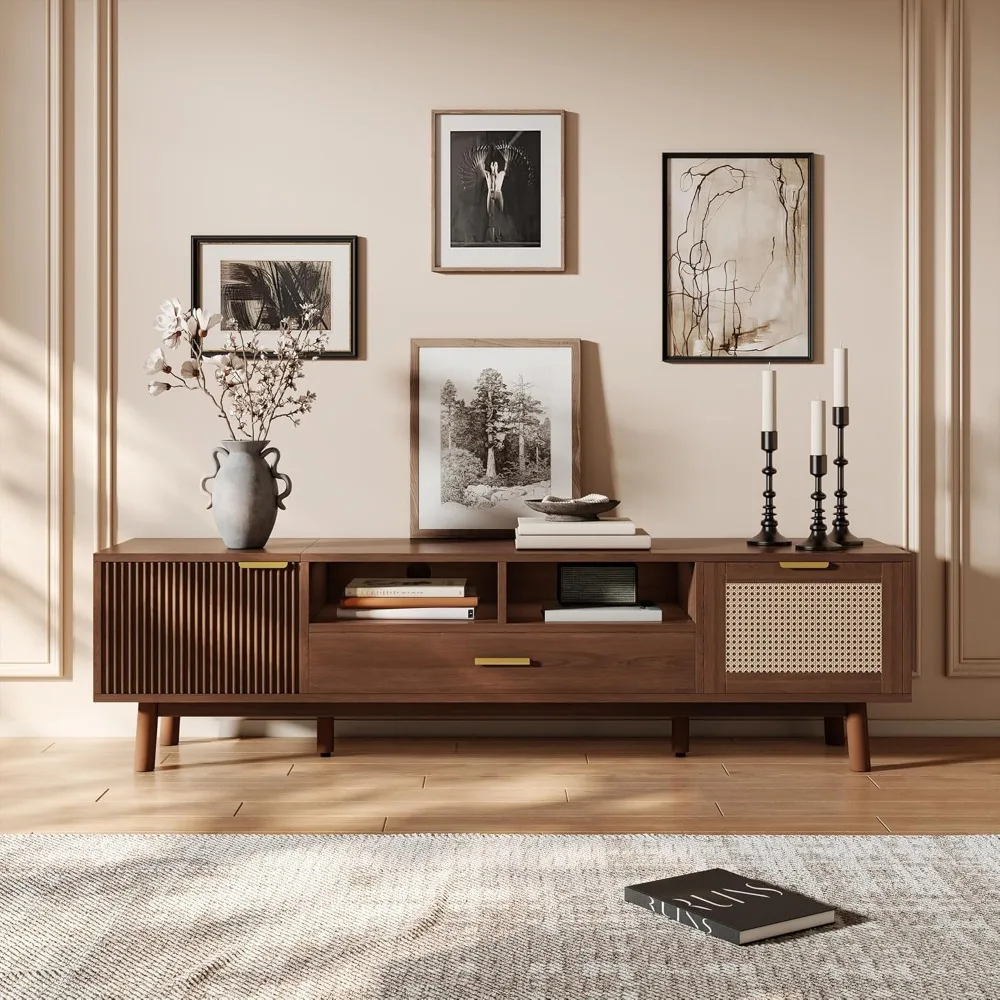 

Mid Century Modern TV Stand for TVs up to 75”, Boho Entertainment Center, Media Console with 2 Doors, 1 Drawer and Open Shelves,