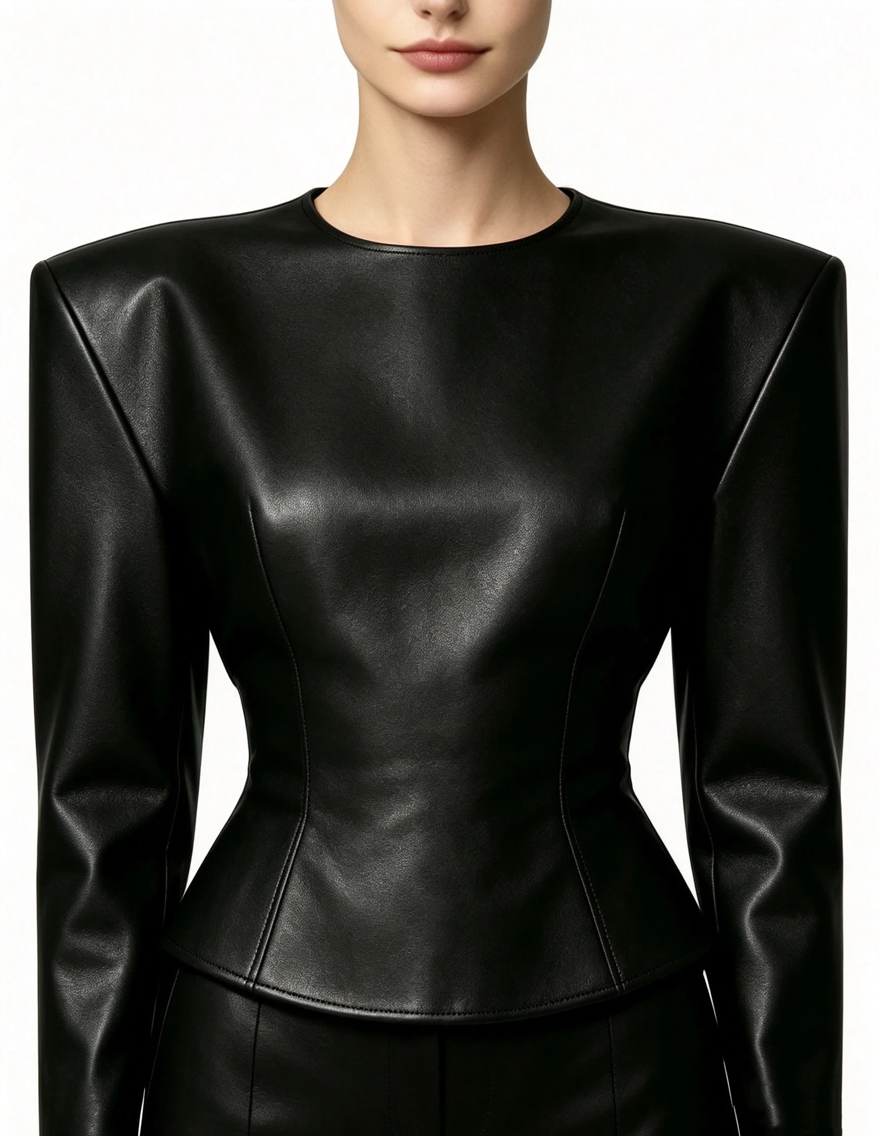 Luxury Black Faux Leather Two-Piece Set with Structured Shoulders and Peplum Waist