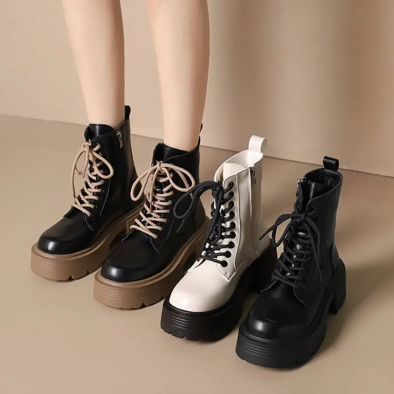 

British Style Autumn Platform Shoes for Women Fashion Lace Up Round Toe Ankle Boots for Women Chunky Heel Ladies Short Boots
