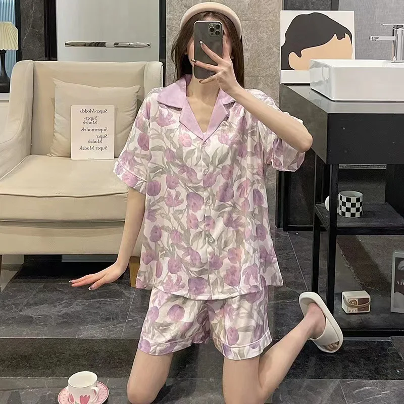 Ladies Ice Silk Pajama Sets Purple Tulip Sweet Girls Homewear Summer Pajamas for Women Silk Pijama Short Sleeve Thin Sleepwear