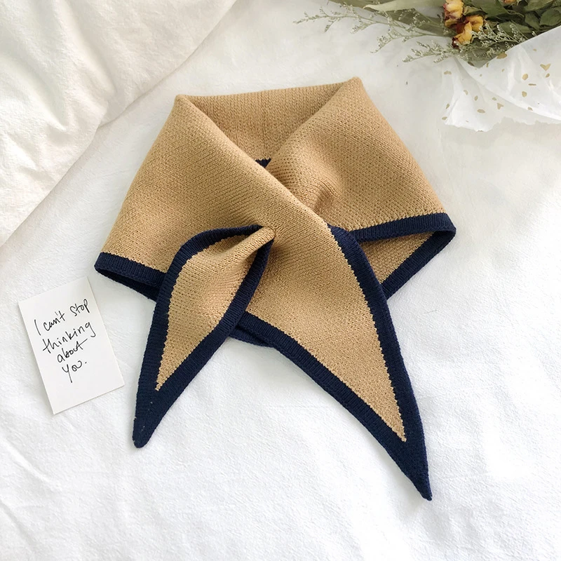 Korean Female Solid Color Triangular Scarve Winter Woolen Knit Elastic Bow Cross Warm Scarfsoft False Collar Neck Guard Bib