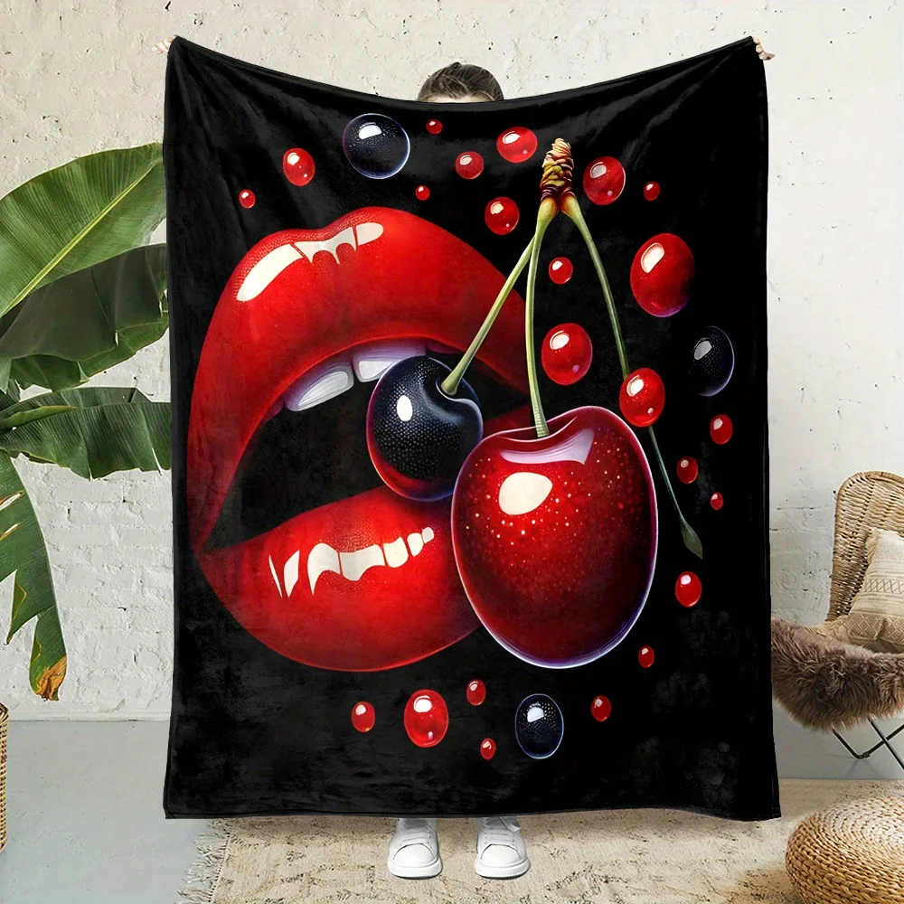 Bold Pop Art Lips and Cherry Design Throw Blanket Cozy Decorative Plush Aesthetic Home Decor Gift for Living Room Bedroom Sofa