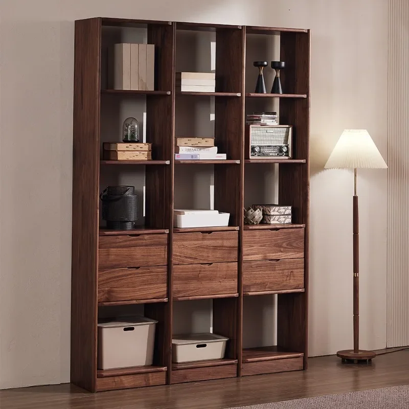North American black walnut bookcase full wall floor free combination shelf integrated solid wood bookcase