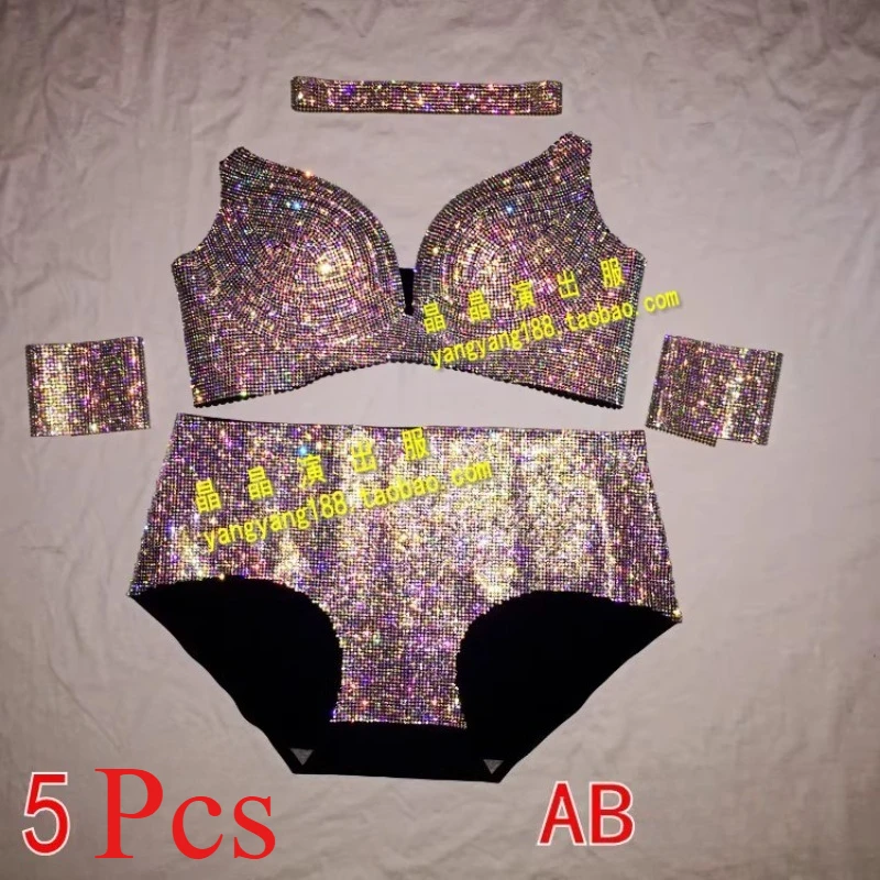 Customized Belly Bikini Diamond Sparkling Diamond Stage Bra Set Bra Underwear Pole Dance Performance Exotic Dancewear 5Pcs