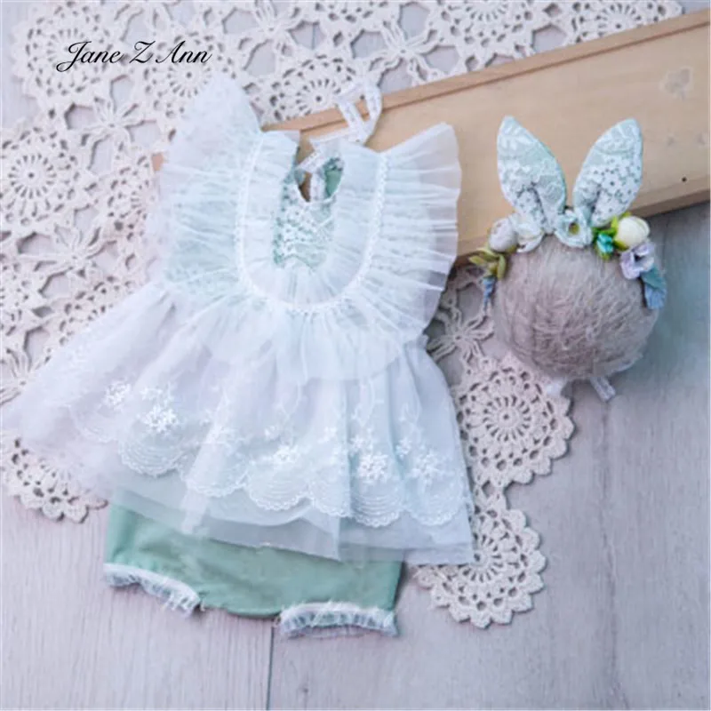 Children Photography Lace Costume Rabbit Year Baby PhotoSet Cute bunny Newborn Full Moon 100 days studio shooting props