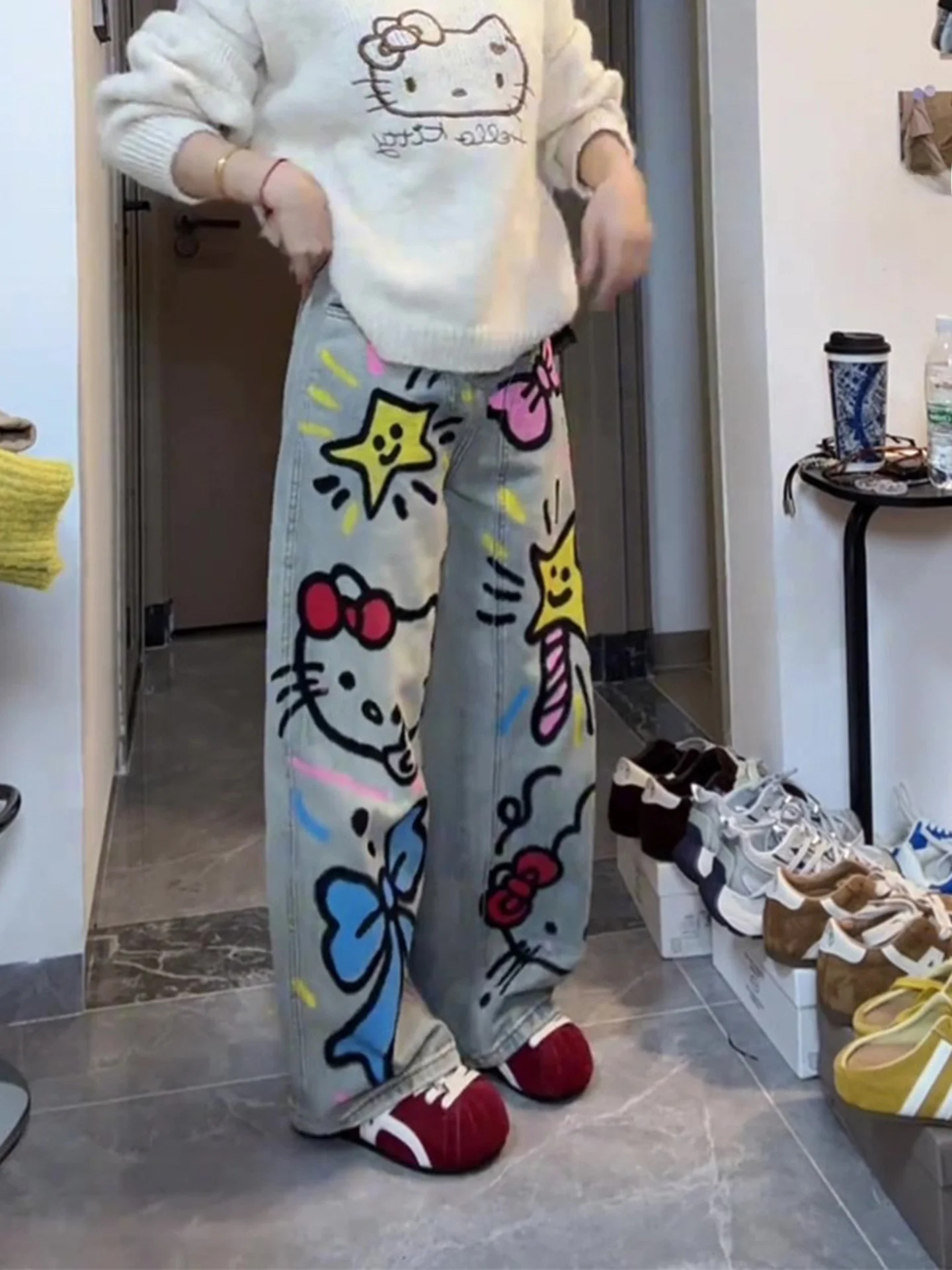 플러스 사이즈 만화 패턴 디자인 청바지 여성용 루즈 스트레이트 레그 팬츠 가을 겨울 신상 캐주얼 하이웨이스트 와이드 레그 청바지