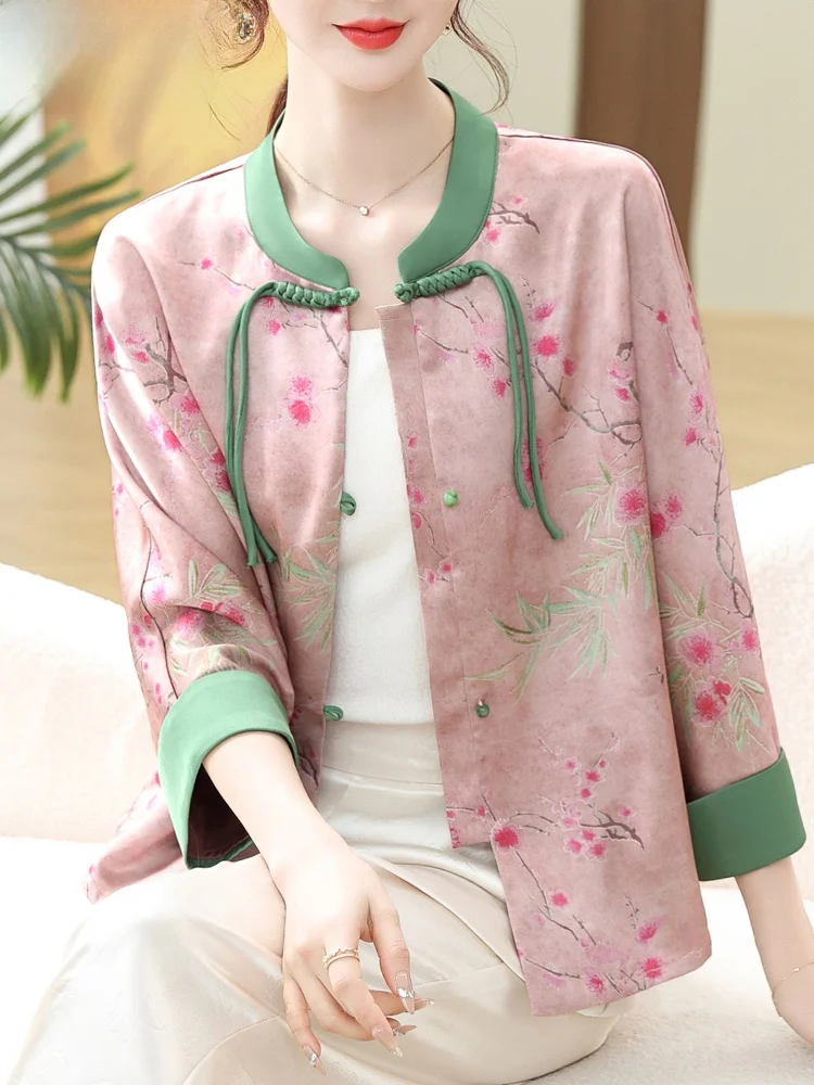 

New Chinese Sle Faion Outerwear for Middle-Aged Women Spring Autumn Ele Open Cardigan Long Sve round Ne Bird Pat...