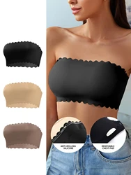 Hot Sale New Design Effective Slip-proof Scallop Side One Piece Bralette Padded Ice Silk Seamless Strapless Bra For Women