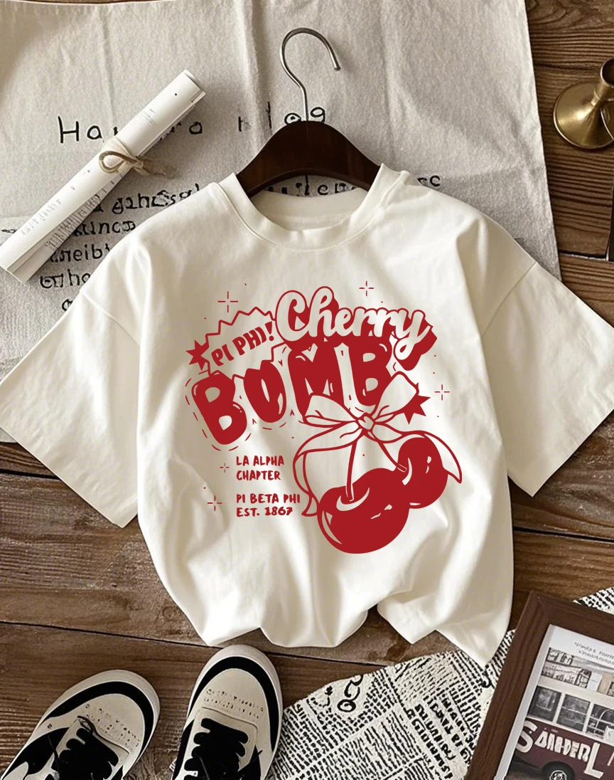 

Boom Fresh Fruit Cherry Pattern Женские футболки Универсальная футболка в стиле хип-хоп Y2K Хлопковая летняя одежда Повседневная свободная уличная одежда