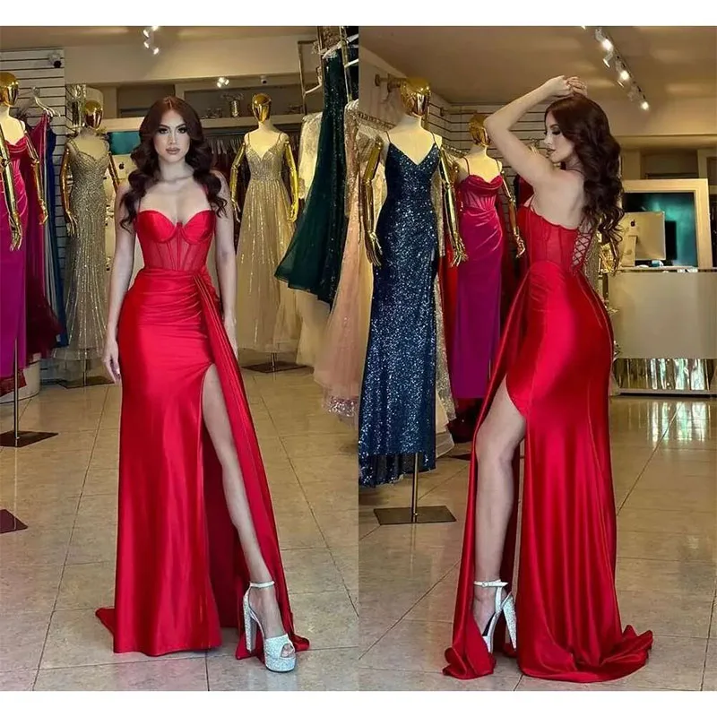 Sexy Red Mermaid Prom Dress Long Sweetheart Draped Floor Length High Side Split Pageant Party Birthday Evening Dresses