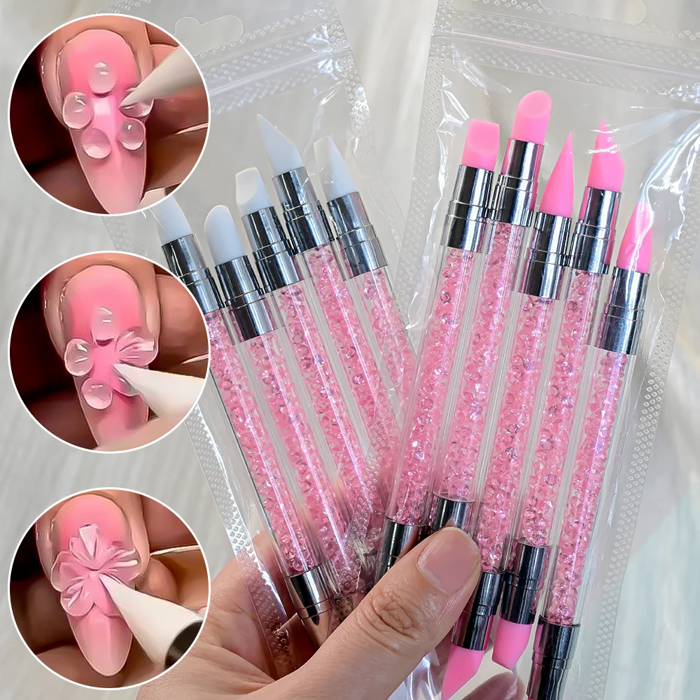 

5pcs Set Pink White Dual Ended Silicone Carving Nail Art Brushes Pen 3D Flower Sculpting Emboss Gel Shaping Drawing Brushes DIY