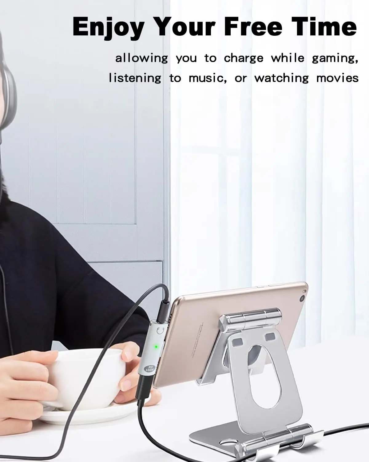 Adaptador de fones de ouvido 2 em 1 USBC e carregador USB C 100W PD, adaptador de fone de ouvido USB C de 90 graus com indicador de trabalho LED para iPhone