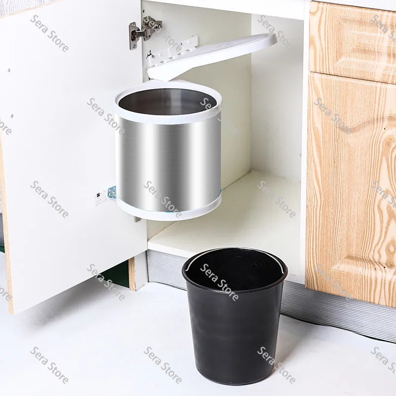 Kitchen embedded hidden trash can, stainless steel built-in flip rotating hanging bucket