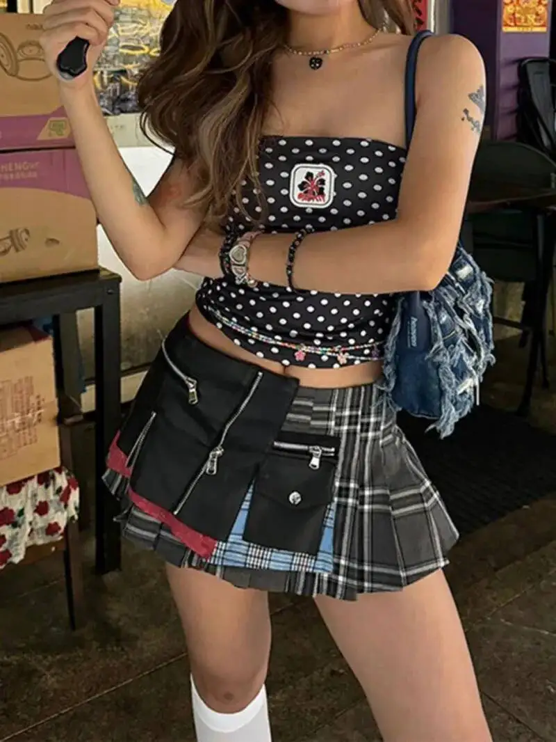

2025 Fashion Trendy Women's Patchwork Plaid Design Pleated Mini Skirts 2024 Summer New High Waist A-line Skirt Female A6WS