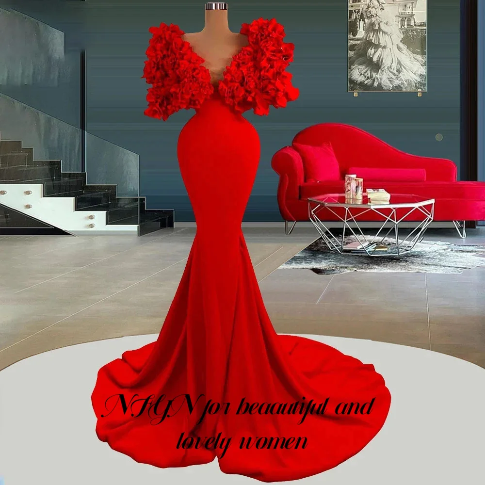 

NFYN Red Mermaid Woman Evening Dress Gown Stain Ball Gown Ruched V Neck Night Dress Gown Custom Size robes de soirée Customized