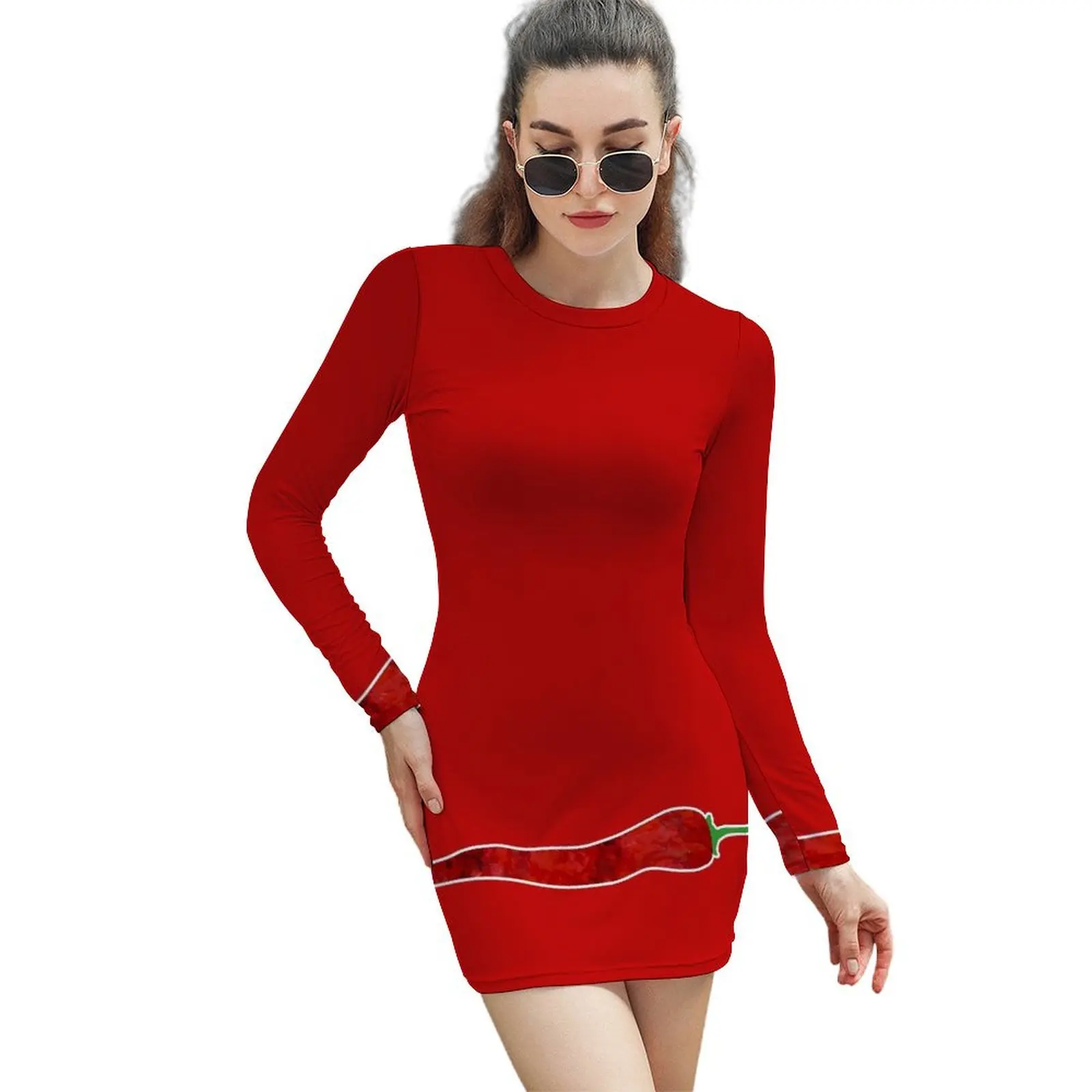 

Red Red Hot Chili Pepper Long-Sleeved Sheath Dress Female clothing summer dress korean women women party dresses Long dress