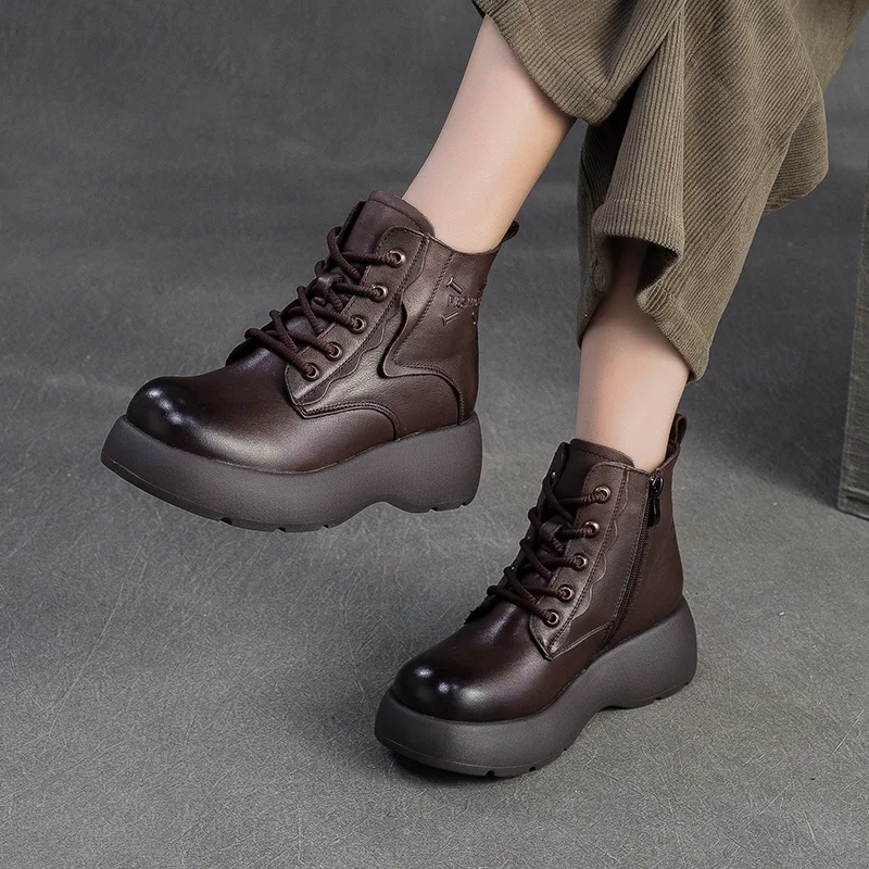 DRKANOL اليدوية الرجعية حقيقية جلد البقر منصة الثلوج أحذية النساء الارتفاع زيادة أسافين كعب الشتاء الدافئة القطن الأحذية سيدة