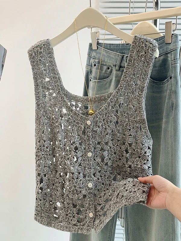 High-End Women's V-Neck Hook-Design Hollow out Bohemian Style Outerwear Jacket Layering Top Fashionable Versatile Women's Vest