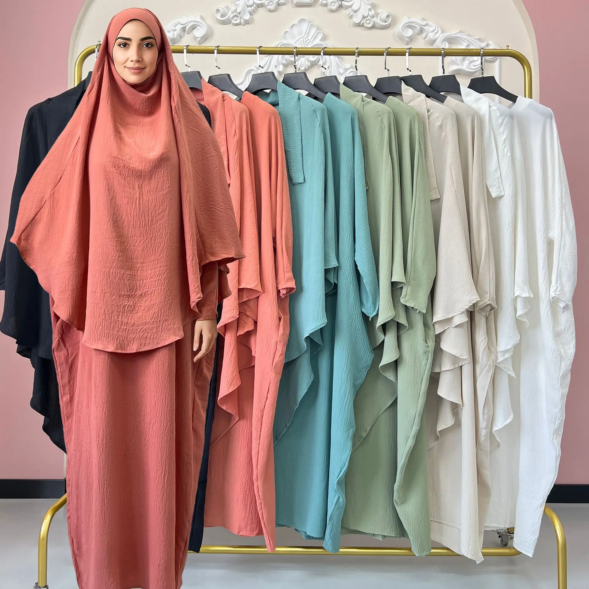 

2PCS Crepe Prayer Garment Muslim Sets for Women Hijab Dress Dubai Abaya Turkey Kaftan Khimar Jalabiya Arabic Robe Burqa Djellaba