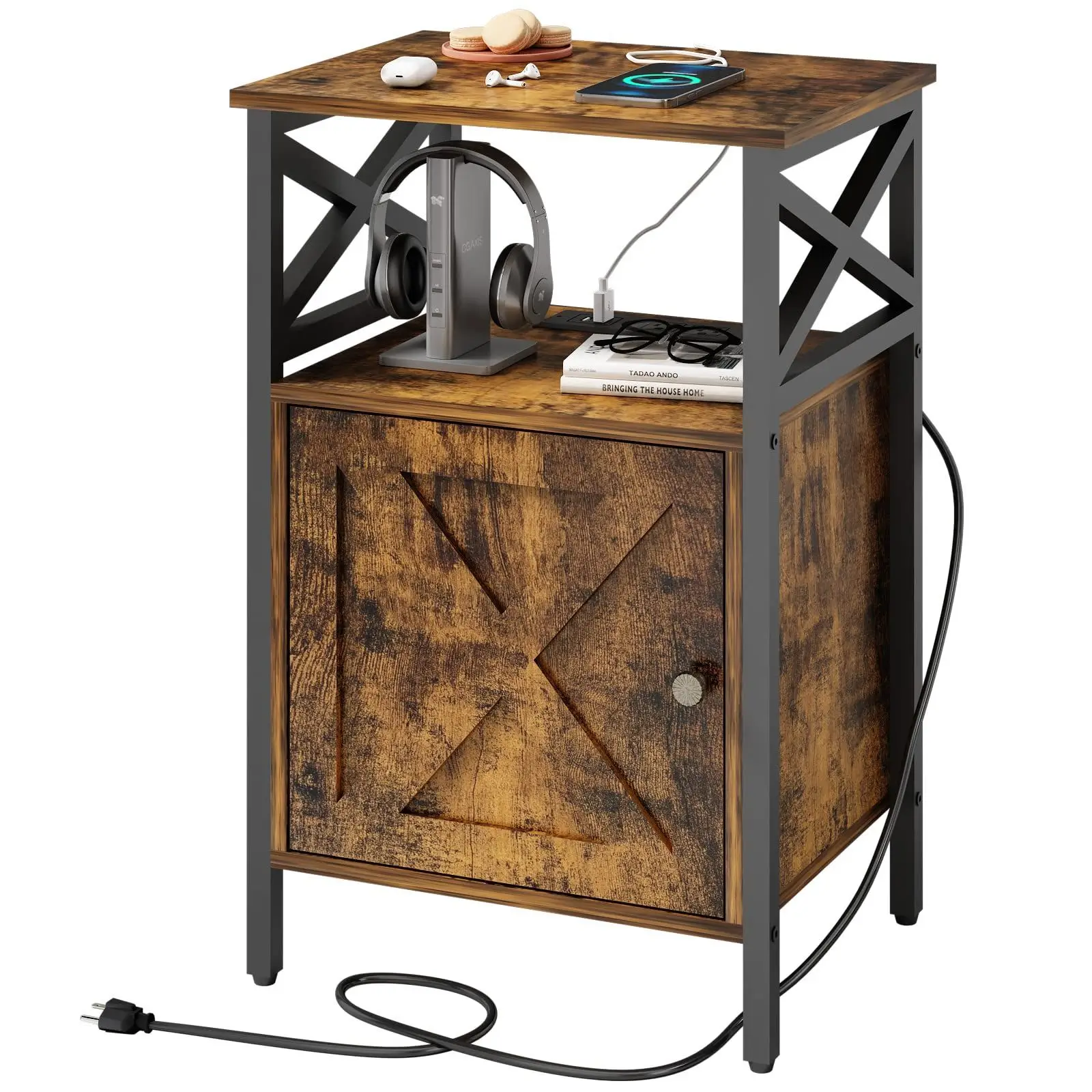 Cross-border exclusive coffee table with USB port Bedside table with 2 layers of storage space, suitable for bedroom, living