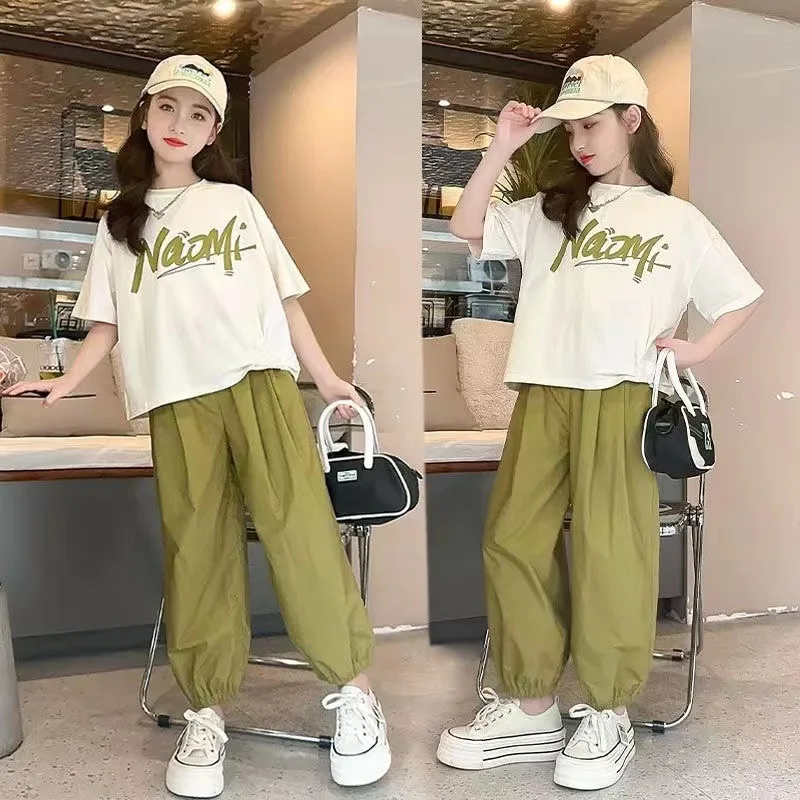 2024 summer Child set Clothes Girls tracksuit letter t shirt + green Sport Ankle-tied pants Kid Teenager 5 6 7 8 9 10 11 12 year