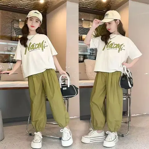 2025 summer Child set Clothes Girls tracksuit letter t shirt + green Sport Ankle-tied pants Kid Teenager 5 6 7 8 9 10 11 12 year