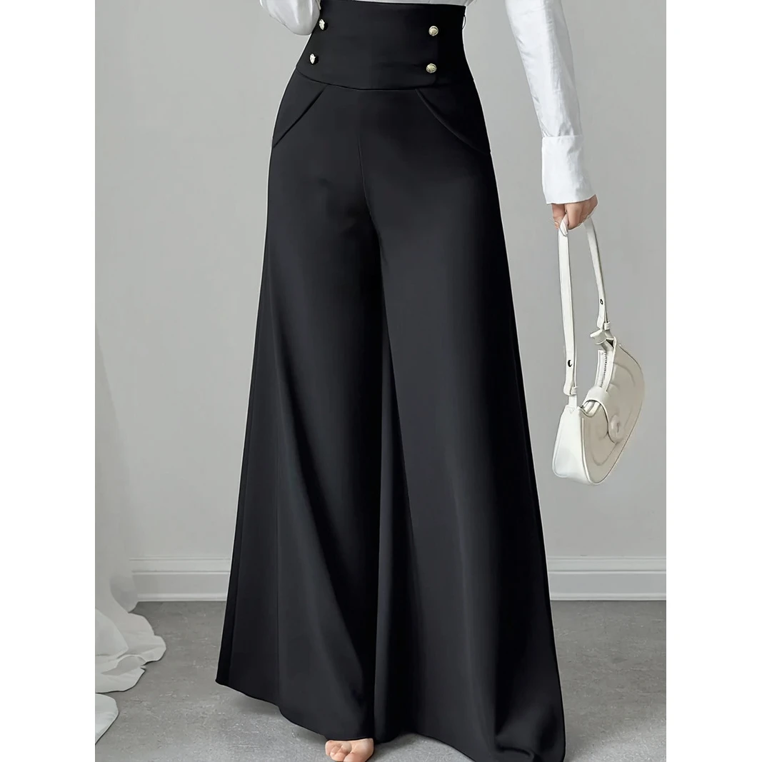 

Элегантные черные брюки с высокой талией и широкими штанинами для офиса, длинные брюки-костюм для женщин, модные деловые брюки.