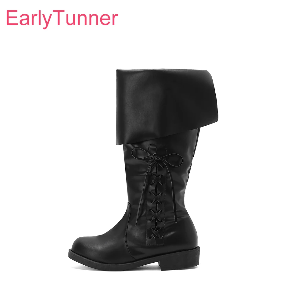 

2025 Новые зимние удобные черно-коричневые женские ботинки до середины икры для верховой езды с круглым носком на среднем каблуке, женские туфли плюс большие размеры 12, 43 45, 48