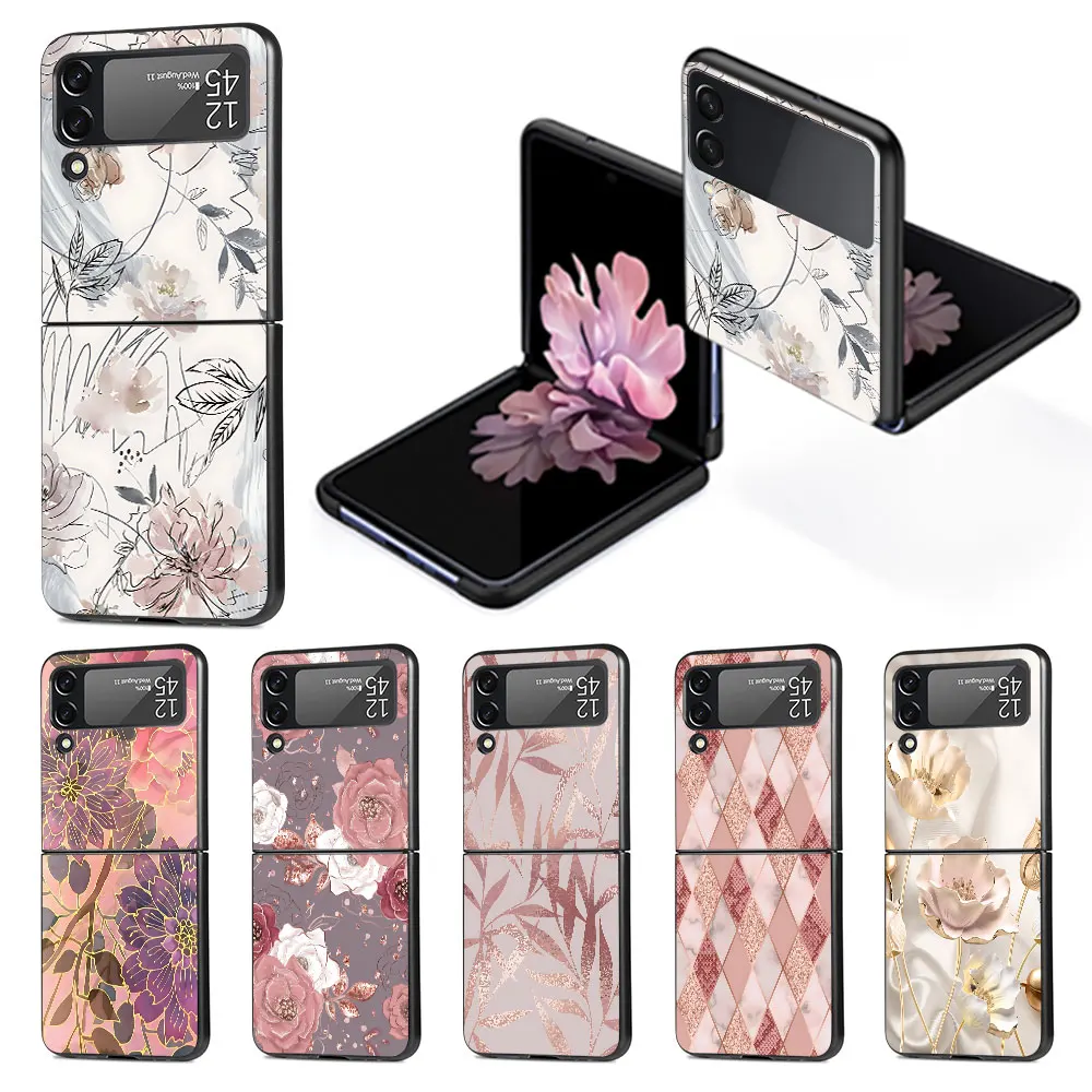 Rose Love Heart Gold Case for Samsung Galaxy Z Flip 4 3 5G Black Hard Phone Cover Flip4 Flip3 PC Funda Capa Zflip3 Zflip4 Shell