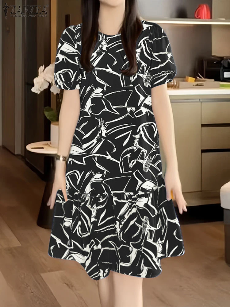 2025 ฤดูร้อนชุด ZANZEA ผู้หญิงพิมพ์ชุดเดรสสั้นพัฟแขนเสื้อลําลอง O คอวันหยุดเข่าความยาว Vestidos