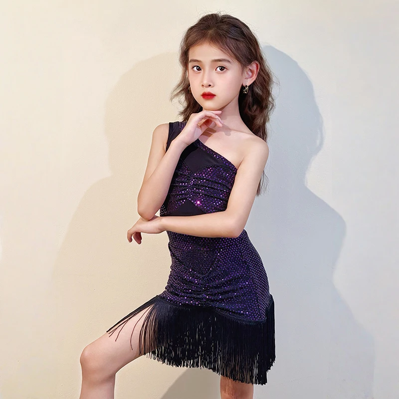 Shiny Purple One Shoulder Backless Bodysuit and Tassels Skirt Children Latin Dancewear Kids Girls Training Competition Costume