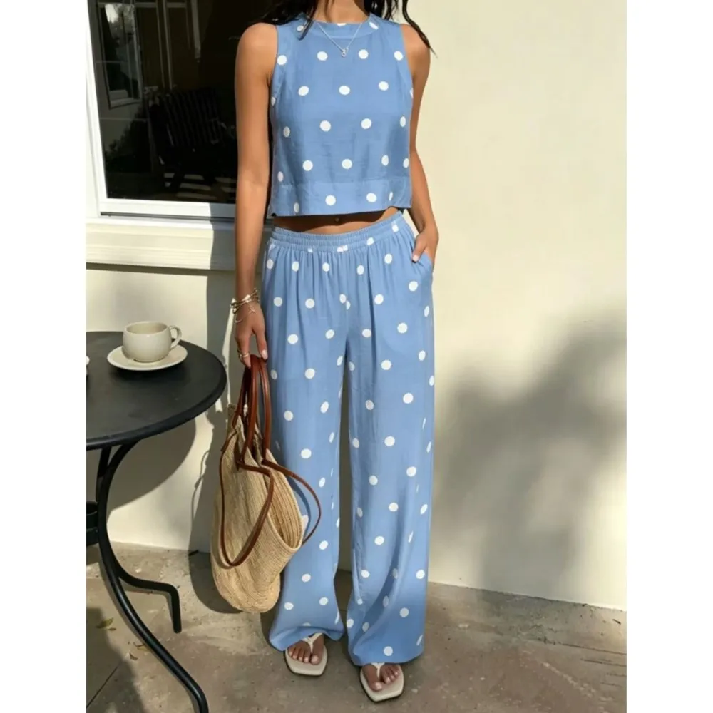 

Fashion Linen Cotton Polka Dot Printed Vest Trousers 2-piece Set Women Summer Casual Loose Wide Leg Trousers Pocket Female Suit