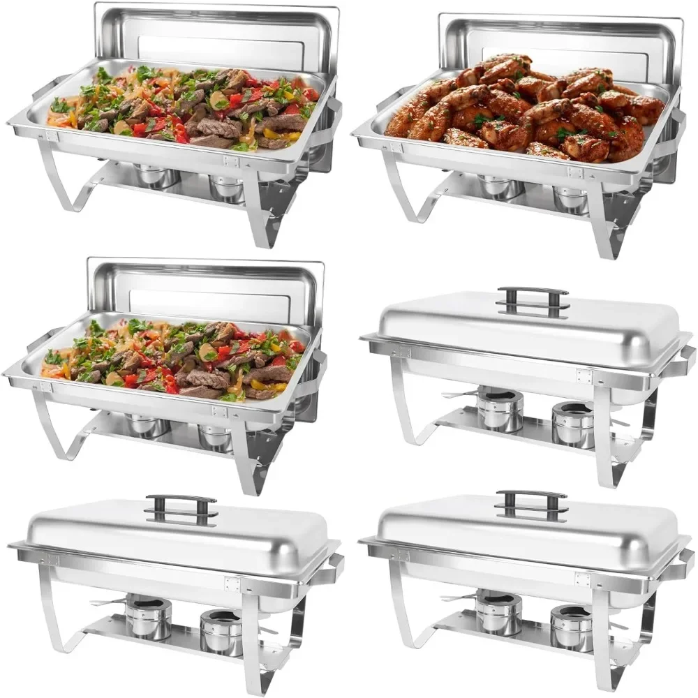 Paquete de 6 juego de buffet de plato de frotamiento, chaferes rectangulares de acero inoxidable de 8 cuartos y juegos de calentador de buffet para catering, con comida y agua