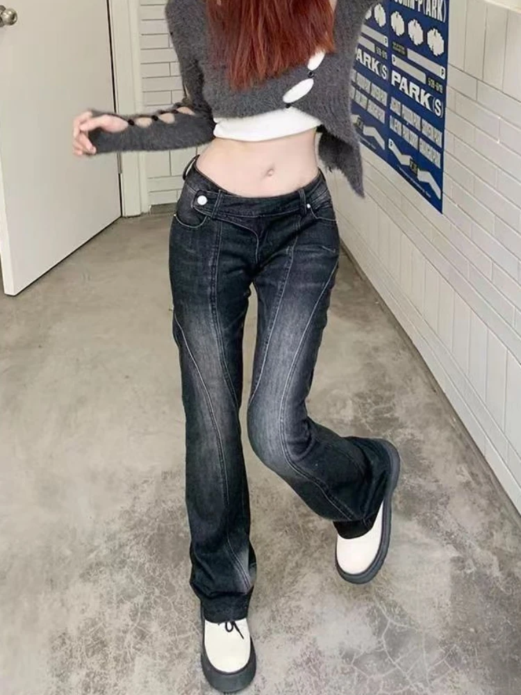 سراويل نسائية عالية الخصر من الجرونج سراويل جينز جديدة من قماش الدنيم سراويل جينز كورية مثيرة عتيقة غير منتظمة Y2k ملابس هاراجوكو الجمالية