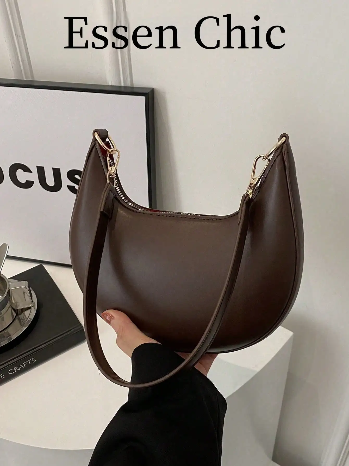

1pc Coffee Brown Color Block Crescent Moon Shaped PU Women Shoulder Underarm Handbag, Fashionable Minimalist Design, Autumn/Winter