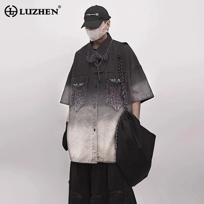 

LUZHEN Color Contrast Gradient Tie-dyed Short Sleeve T-shirts Loose Handsome Streetwear Men's 2025 Summer Pockets Tassel JY2784