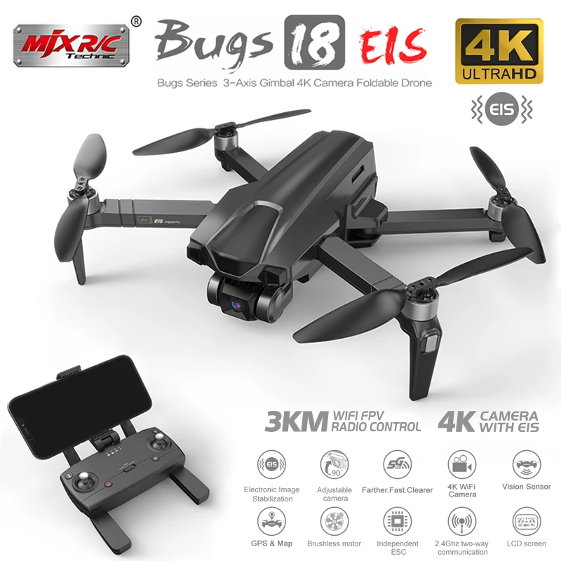 MJX Bugs B18 Pro GPS Drone 3KM 4K Professional HD Dual EIS Camera 3-Axis Gimbal 5G WIFI Brushless Foldable Quadcopter VS F11S