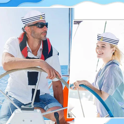 Imagen 2 del producto Sombrero de marinero de yate para adultos, gorra de capitán blanca y azul marino, gorra de vela para ropa, accesorios ajustables, fiesta de Carnaval para hombres y mujeres