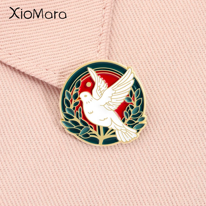 Cartoon Animal Pigeon Enamel Pin Peace Dove Olive Branch Freedom Symbol Flying Bird Brooch Lapel Badge Jewelry Gift for Friends