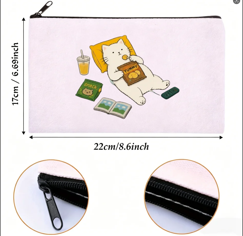 1PC Double Sided Print Lazy White Cat Snacks Drinks Book Remote Canvas Zipper Cosmetic Storage Pouch