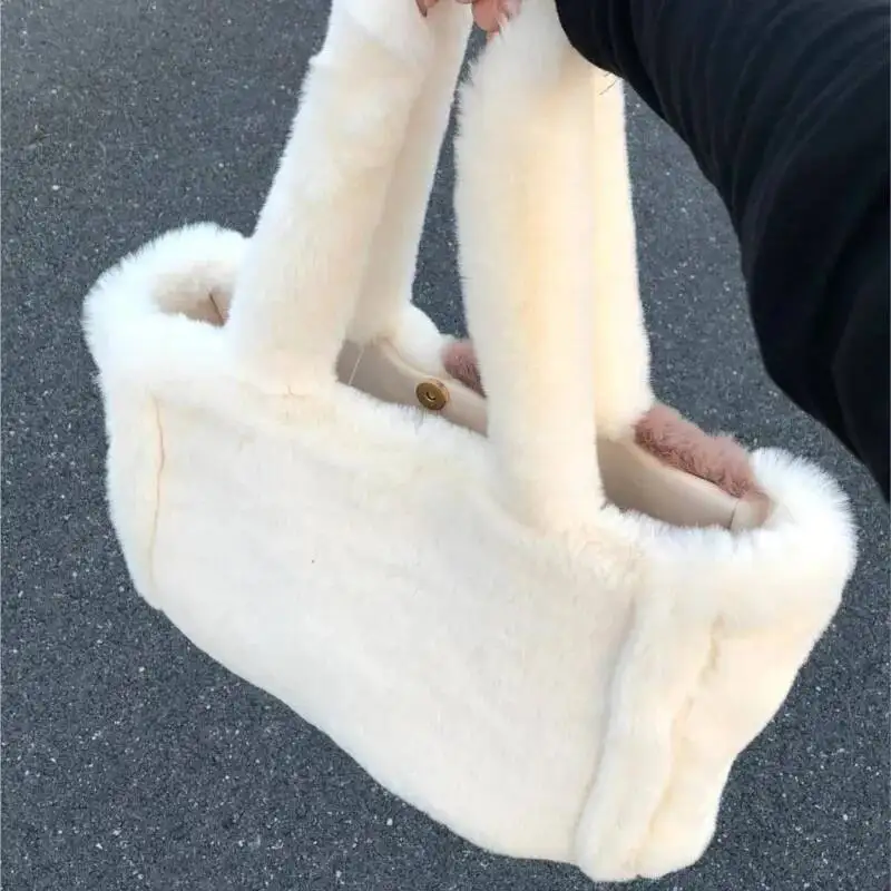 Sweet Cute Plush Tote Women Color Block Soft Large Capacity Handbag Ladies Gentle Comfort Minimalist Versatile Underarm Bag
