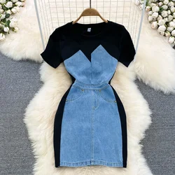 Foamlina Korean Stylish Patchwork Jeans Dress Women Fashion Summer O-neck Short Sleeve Slim Mini Bodycon Denim Dress Streetwear