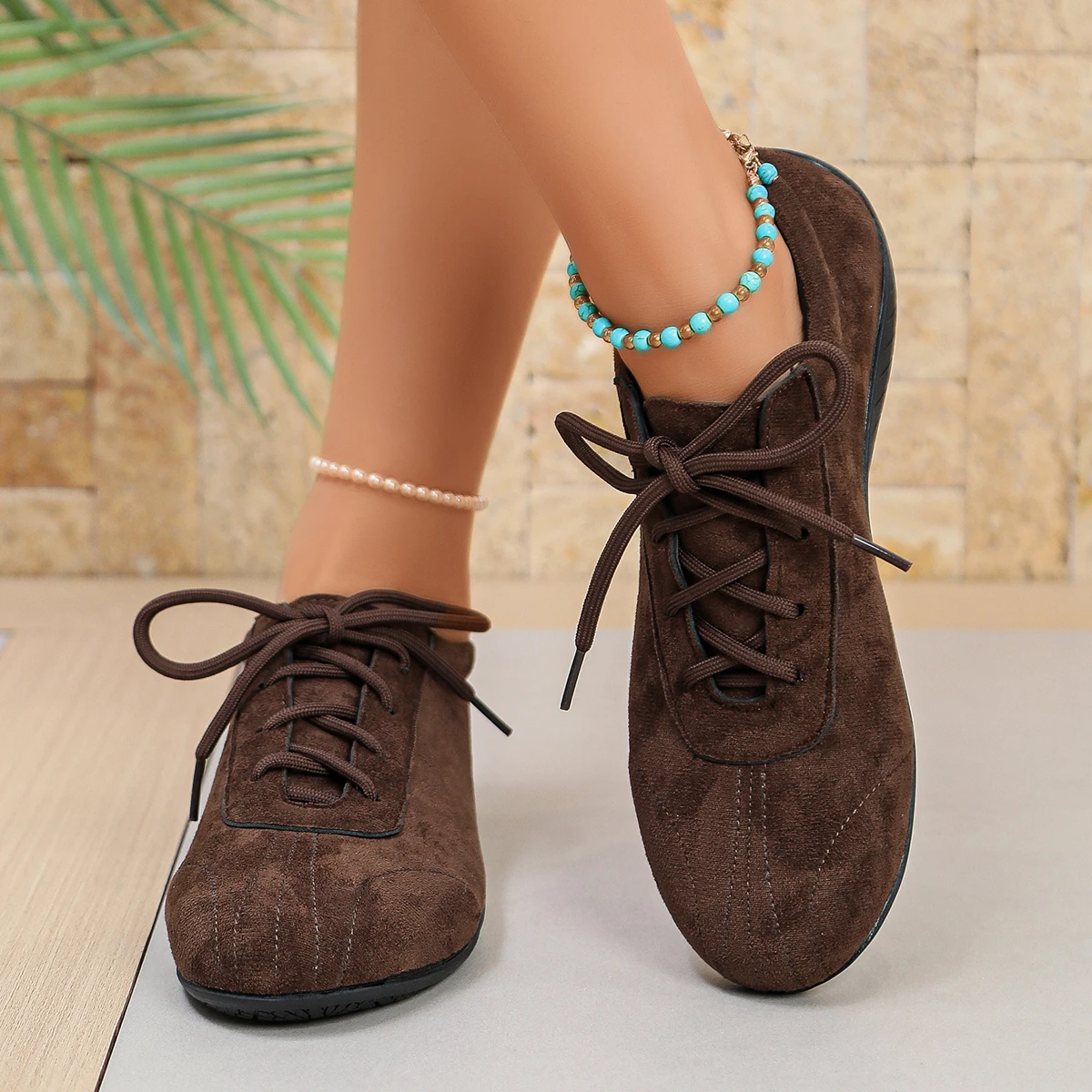 Damen-Schnürschuhe, flache Freizeitschuhe, weiche Sohle, Wildlederstoff, rutschfest, leicht, Vintage, bequem, für den täglichen Gebrauch im Freien. – Detail 5