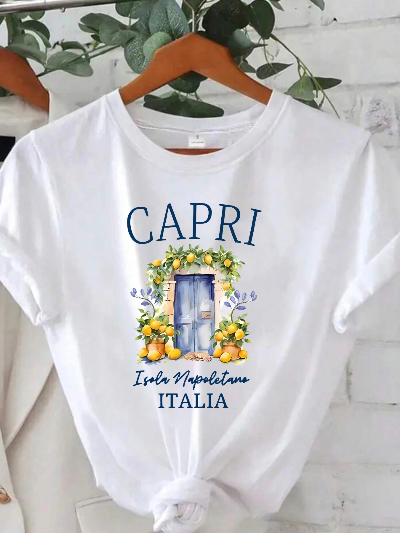 Lemon and blue door pattern round neck women T-shirt short sleeve fashion print half sleeve shirt stretch T-shirt
